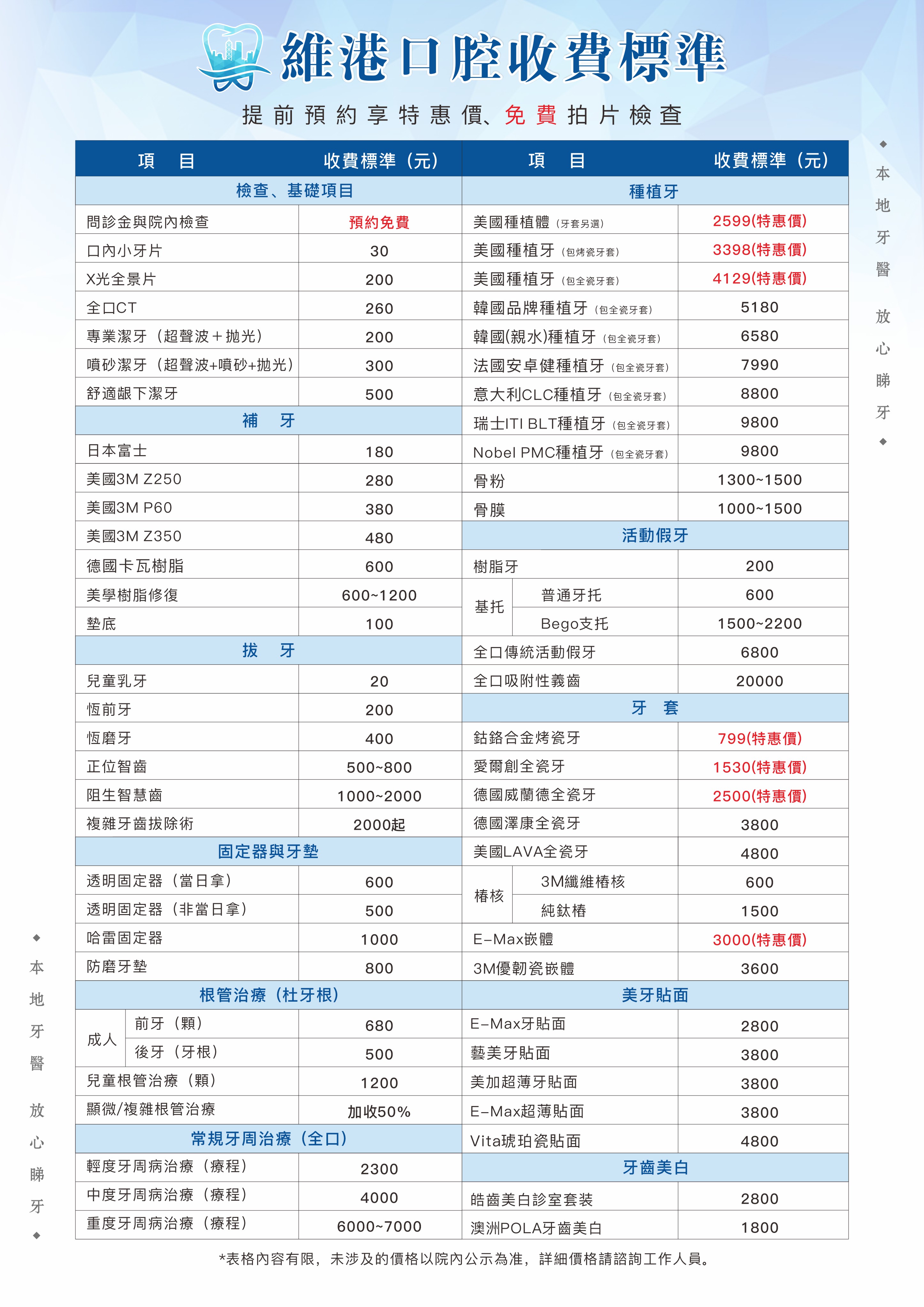 价目总表 价目总表